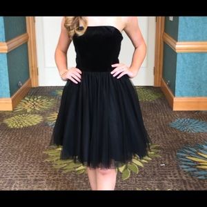 Black strapless velvet cocktail dress